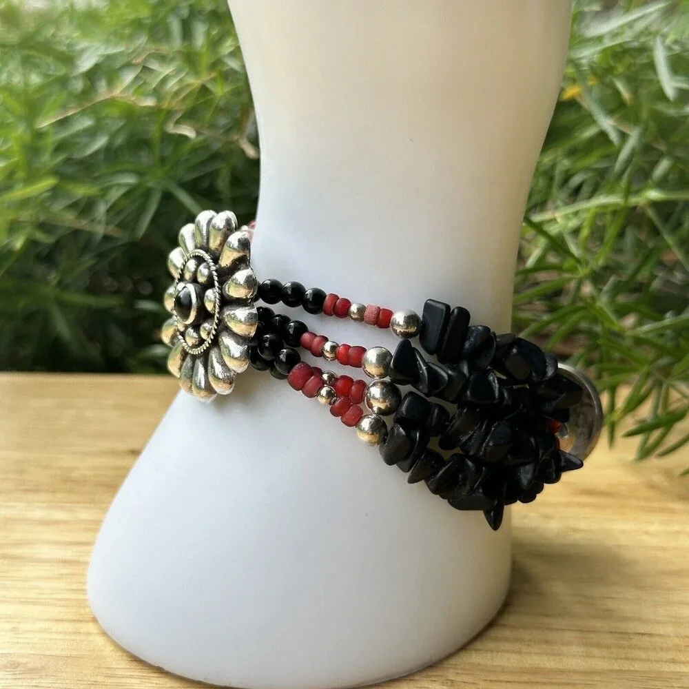 VTG‎ Flower Sterling Silver Bracelet Buffalo Nickel Clasp Black Onyx Red Beads
